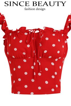 French-Style Red Polka Dot Camisole Top for Women - 2025 Vacation Layering Essential