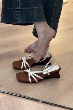 French Style Sheepskin One-Strap Wedge Sandals for Women - Open-Toe High-Heeled Square Toe Roman Sandals for Chic Outfits