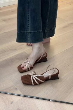 French Style Sheepskin One-Strap Wedge Sandals for Women - Open-Toe High-Heeled Square Toe Roman Sandals for Chic Outfits