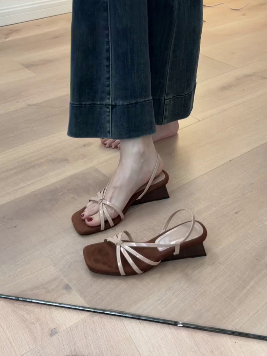 French Style Sheepskin One-Strap Wedge Sandals for Women - Open-Toe High-Heeled Square Toe Roman Sandals for Chic Outfits French Style Sheepskin One-Strap Wedge Sandals for Women - Open-Toe High-Heeled Square Toe Roman Sandals for Chic Outfits