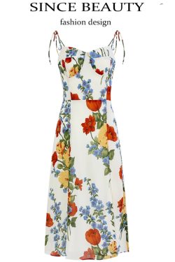 French-Style Sleeveless Printed Long White Dress for Women - Summer 2025 Slim Fit Vacation Fashion