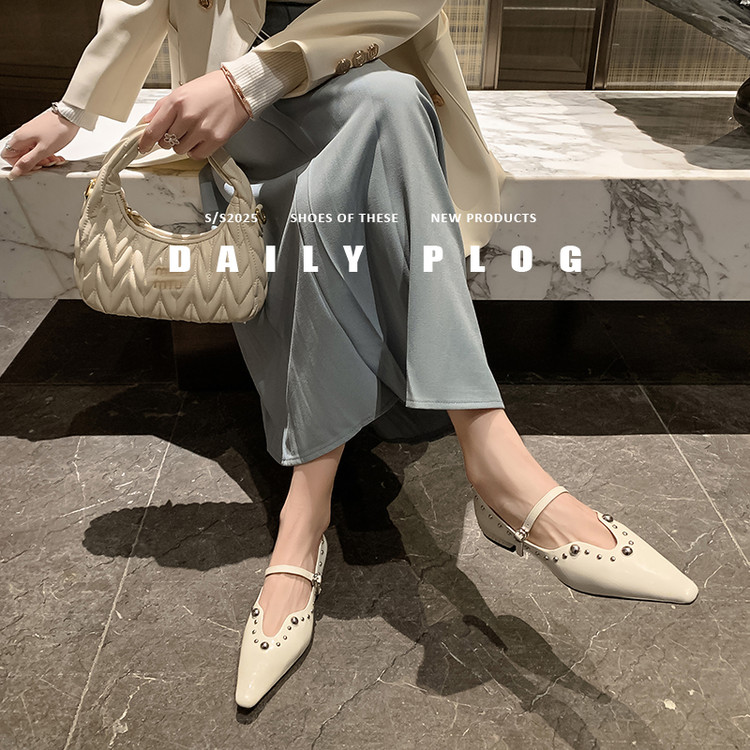 French-Style Studded Pointed Toe Stiletto High Heels Women's Genuine Leather Mary Jane Shoes - Chic Italian Fashion French-Style Studded Pointed Toe Stiletto High Heels Women's Genuine Leather Mary Jane Shoes - Chic Italian Fashion