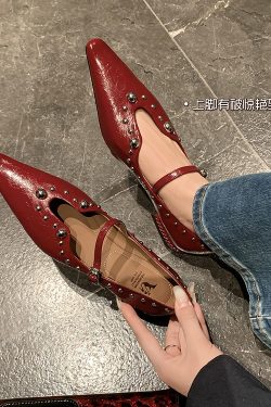 French-Style Studded Pointed Toe Stiletto High Heels Women's Genuine Leather Mary Jane Shoes - Chic Italian Fashion