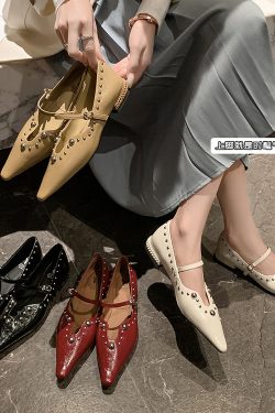 French-Style Studded Pointed Toe Stiletto High Heels Women's Genuine Leather Mary Jane Shoes - Chic Italian Fashion