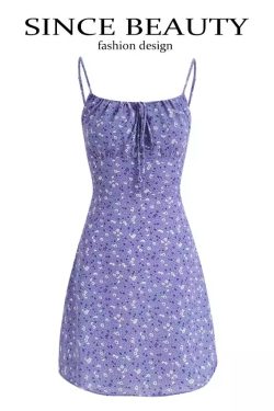 French Style Vacation Purple Spaghetti Strap Dress for Women - Petite Summer 2025 Fashion