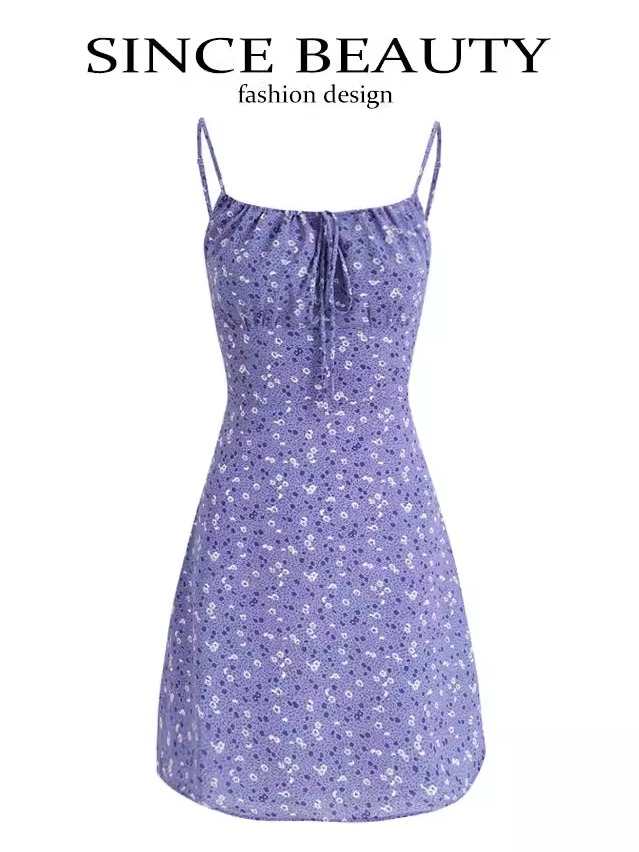 French Style Vacation Purple Spaghetti Strap Dress for Women - Petite Summer 2025 Fashion French Style Vacation Purple Spaghetti Strap Dress for Women - Petite Summer 2025 Fashion