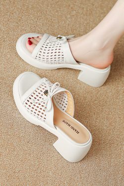 French Style Women's Thick-Soled Hollow Mesh High Heels - Comfortable Non-Fatigue Design, Perfect for Italian Corso Venezia Inspired Looks