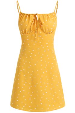 French Style Yellow Spaghetti Strap Dress for Women - Petite Summer Vacation Dress 2025