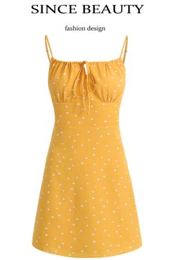 French Style Yellow Spaghetti Strap Dress for Women - Petite Summer Vacation Dress 2025