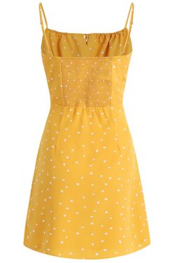 French Style Yellow Spaghetti Strap Dress for Women - Petite Summer Vacation Dress 2025