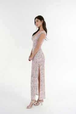 French V-Neck Fitted Split Printed Chiffon Long Dress - Elegant Summer Style, Perfect for 90s Inspired or Y2K Fashion