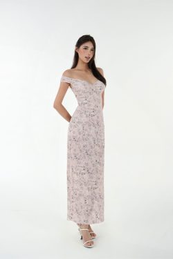French V-Neck Fitted Split Printed Chiffon Long Dress - Elegant Summer Style, Perfect for 90s Inspired or Y2K Fashion