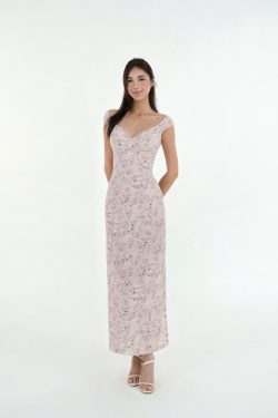 French V-Neck Fitted Split Printed Chiffon Long Dress - Elegant Summer Style, Perfect for 90s Inspired or Y2K Fashion