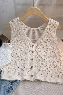 French V-Neck Sleeveless Lace Short Vest for Women - Slimming Summer Outerwear, Versatile Korean Style Top