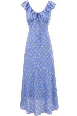 French Vintage Blue Floral Vacation Dress for Women - 2025 Summer Long Tea Break Style