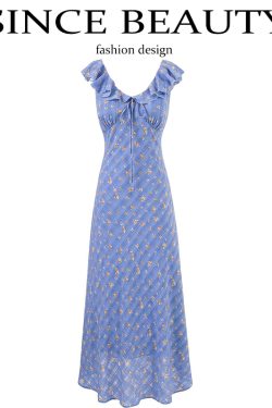 French Vintage Blue Floral Vacation Dress for Women - 2025 Summer Long Tea Break Style