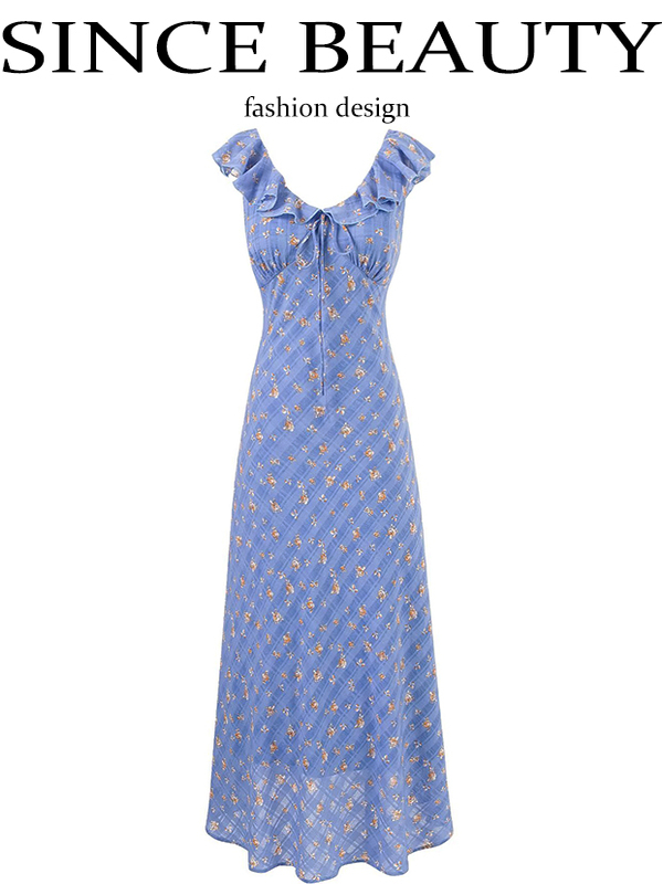 French Vintage Blue Floral Vacation Dress for Women - 2025 Summer Long Tea Break Style French Vintage Blue Floral Vacation Dress for Women - 2025 Summer Long Tea Break Style