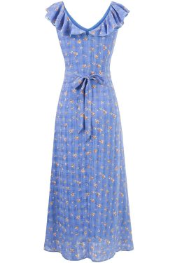 French Vintage Blue Floral Vacation Dress for Women - 2025 Summer Long Tea Break Style