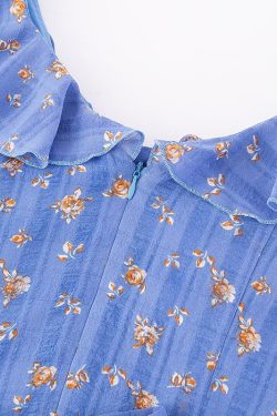 French Vintage Blue Floral Vacation Dress for Women - 2025 Summer Long Tea Break Style