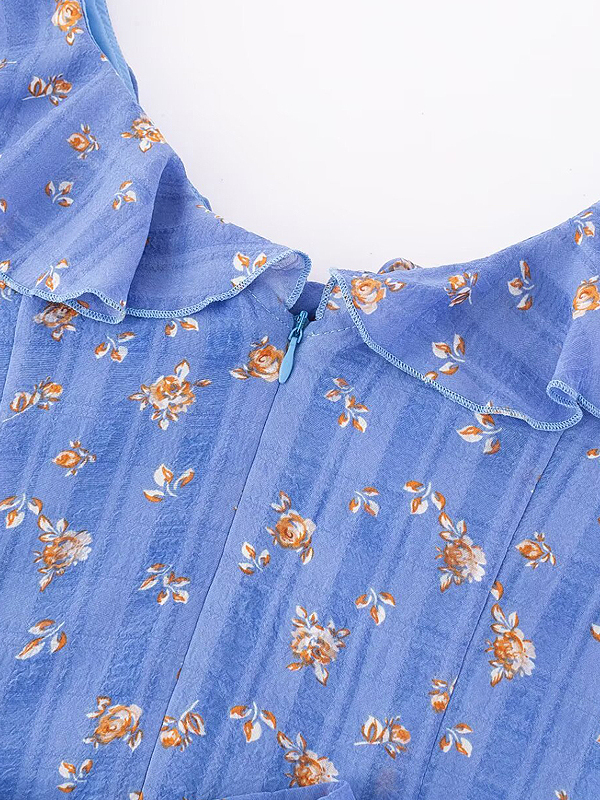 French Vintage Blue Floral Vacation Dress for Women - 2025 Summer Long Tea Break Style French Vintage Blue Floral Vacation Dress for Women - 2025 Summer Long Tea Break Style