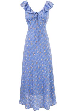 French Vintage Blue Floral Vacation Dress for Women - 2025 Summer Long Tea Break Style