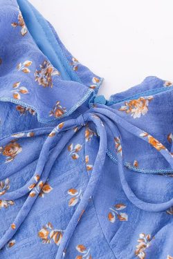 French Vintage Blue Floral Vacation Dress for Women - 2025 Summer Long Tea Break Style