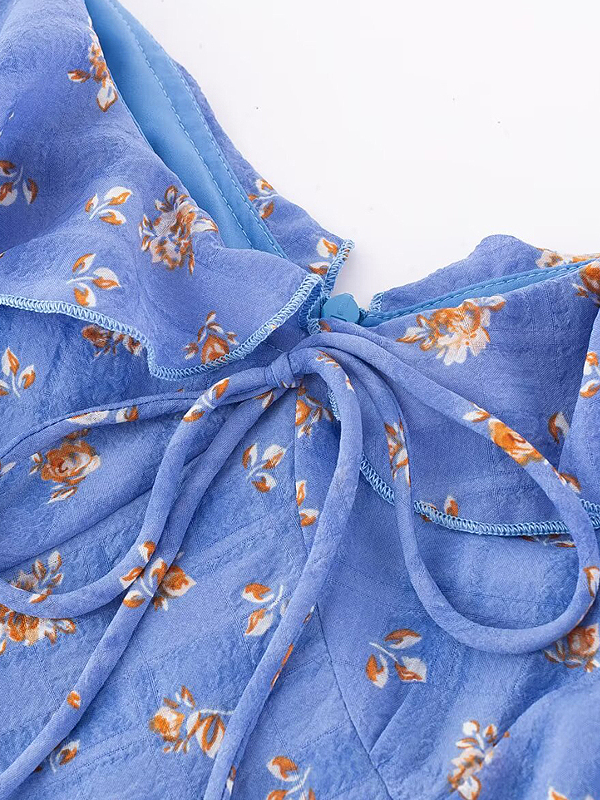 French Vintage Blue Floral Vacation Dress for Women - 2025 Summer Long Tea Break Style French Vintage Blue Floral Vacation Dress for Women - 2025 Summer Long Tea Break Style