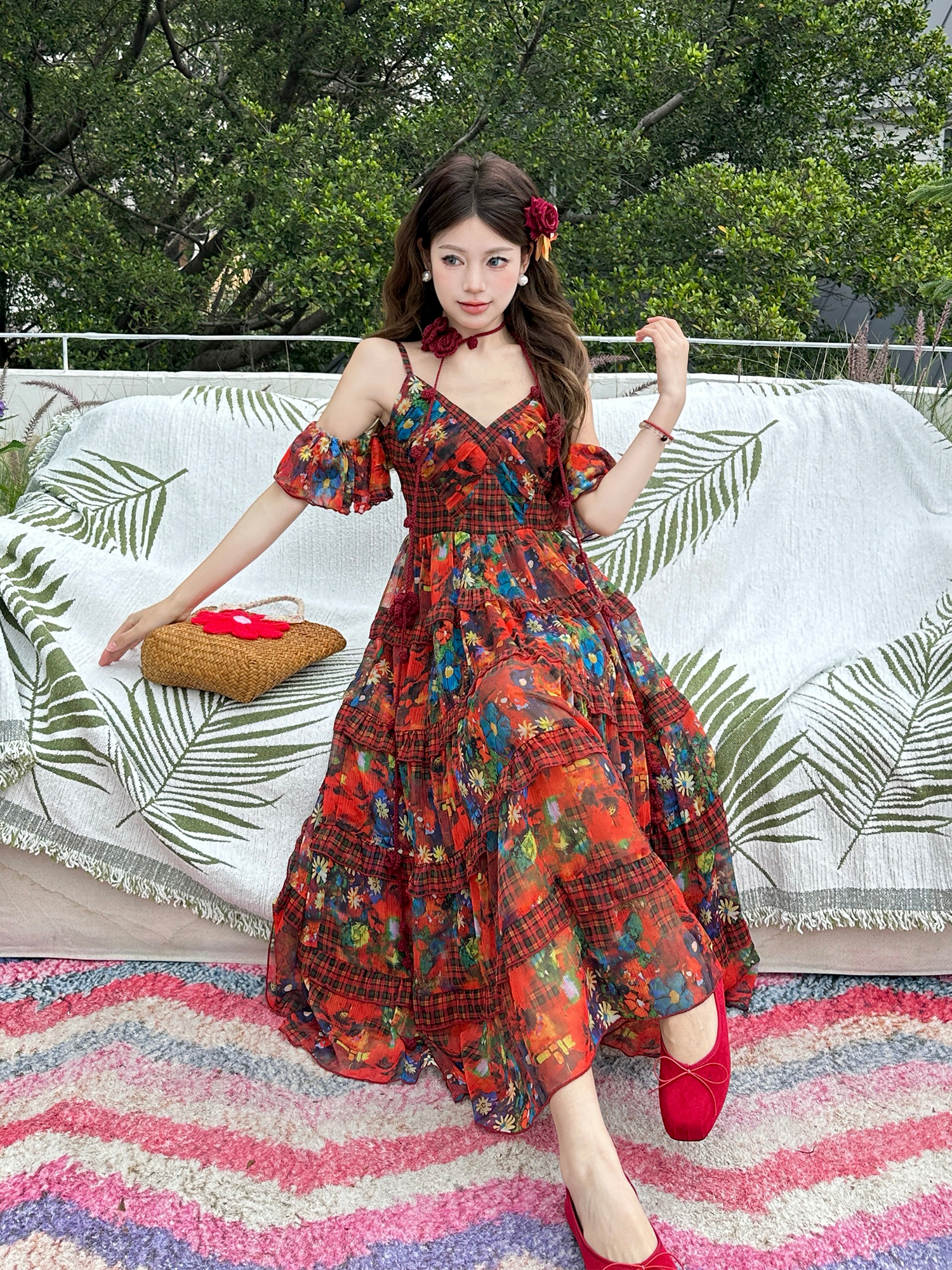 French Vintage Floral Long Dress with V-Neck and Spaghetti Straps - Summer Vacation Style Inspired by 90s and Y2K Fashion French Vintage Floral Long Dress with V-Neck and Spaghetti Straps - Summer Vacation Style Inspired by 90s and Y2K Fashion