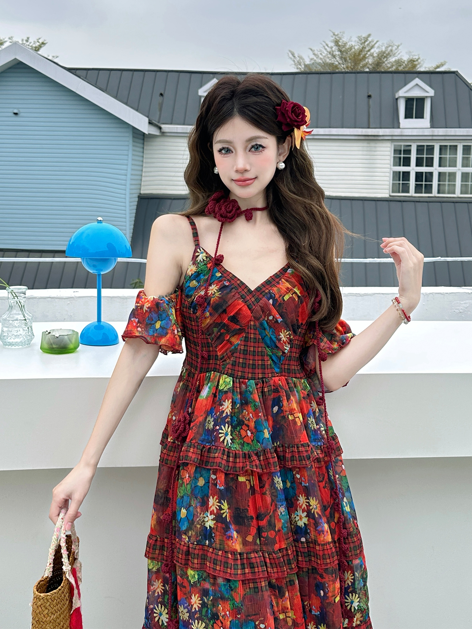 French Vintage Floral Long Dress with V-Neck and Spaghetti Straps - Summer Vacation Style Inspired by 90s and Y2K Fashion French Vintage Floral Long Dress with V-Neck and Spaghetti Straps - Summer Vacation Style Inspired by 90s and Y2K Fashion