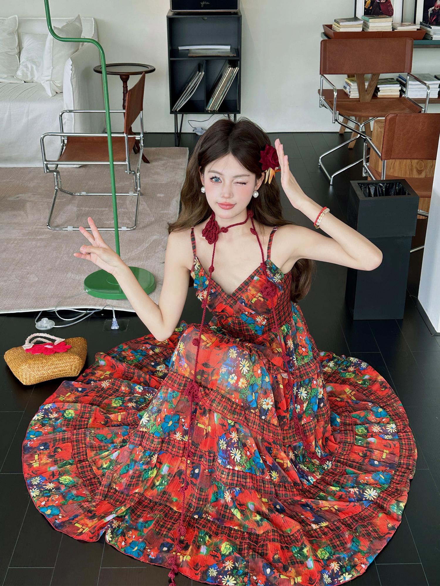 French Vintage Floral Long Dress with V-Neck and Spaghetti Straps - Summer Vacation Style Inspired by 90s and Y2K Fashion French Vintage Floral Long Dress with V-Neck and Spaghetti Straps - Summer Vacation Style Inspired by 90s and Y2K Fashion