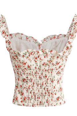 French Vintage Floral Spaghetti Strap Crop Top with Open Back - 2025 Summer Style, Boho Chic, Y2K Inspired