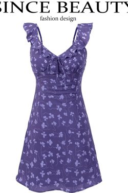 French Vintage Floral V-Neck Ruffled Slip Dress - 2025 Summer A-Line Short Skirt, Perfect for Y2K and 90s Inspired Looks