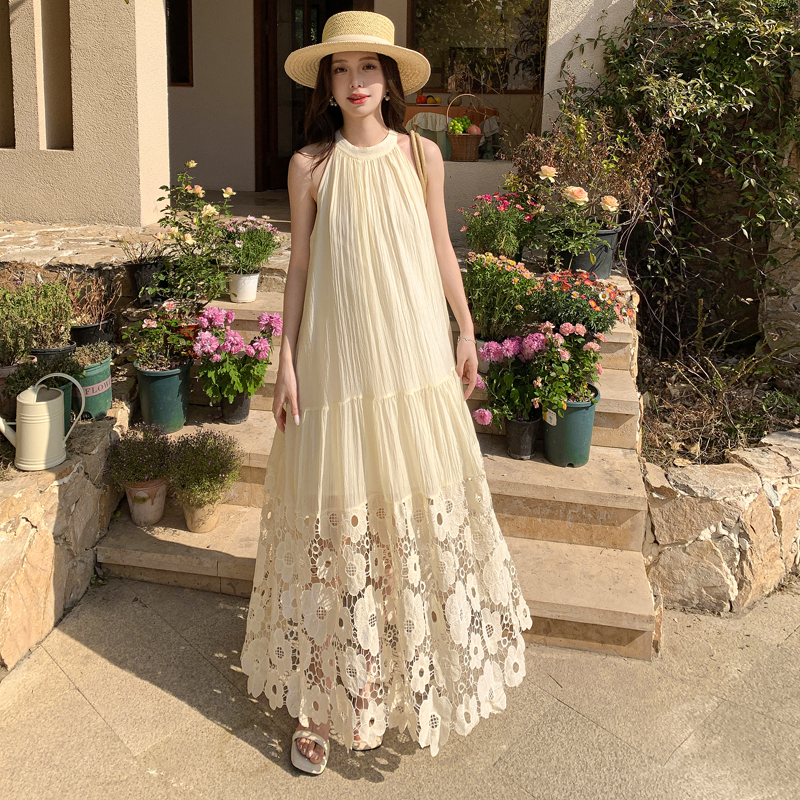 French Vintage Hollow Flower Embroidery Halter Dress - Loose Fit, Flattering Sleeveless Long Swing Dress for Vacation Style French Vintage Hollow Flower Embroidery Halter Dress - Loose Fit, Flattering Sleeveless Long Swing Dress for Vacation Style