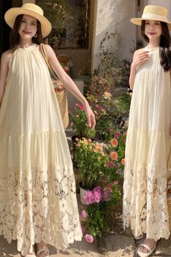 French Vintage Hollow Flower Embroidery Halter Dress - Loose Fit, Flattering Sleeveless Long Swing Dress for Vacation Style