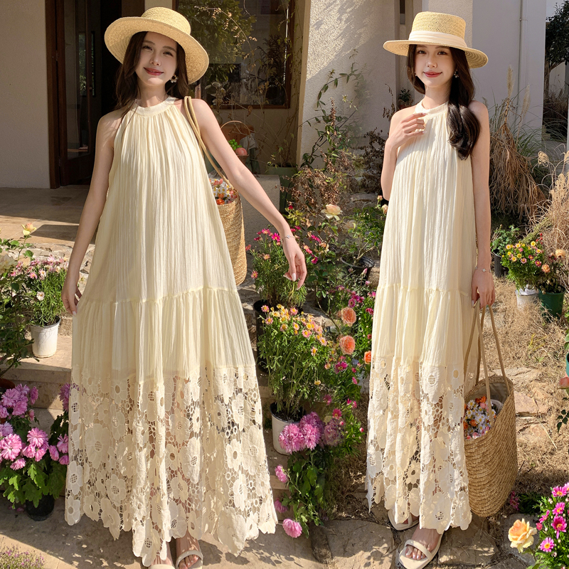 French Vintage Hollow Flower Embroidery Halter Dress - Loose Fit, Flattering Sleeveless Long Swing Dress for Vacation Style French Vintage Hollow Flower Embroidery Halter Dress - Loose Fit, Flattering Sleeveless Long Swing Dress for Vacation Style