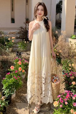 French Vintage Hollow Flower Embroidery Halter Dress - Loose Fit, Flattering Sleeveless Long Swing Dress for Vacation Style