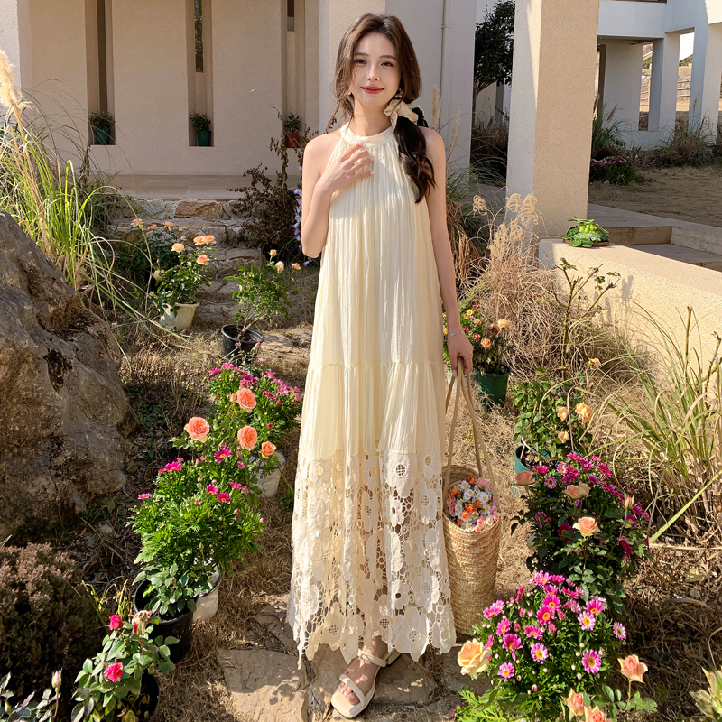 French Vintage Hollow Flower Embroidery Halter Dress - Loose Fit, Flattering Sleeveless Long Swing Dress for Vacation Style French Vintage Hollow Flower Embroidery Halter Dress - Loose Fit, Flattering Sleeveless Long Swing Dress for Vacation Style