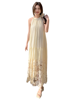 French Vintage Hollow Flower Embroidery Halter Dress - Loose Fit, Flattering Sleeveless Long Swing Dress for Vacation Style