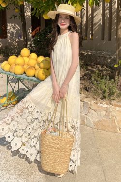 French Vintage Hollow Flower Embroidery Halter Dress - Loose Fit, Flattering Sleeveless Long Swing Dress for Vacation Style