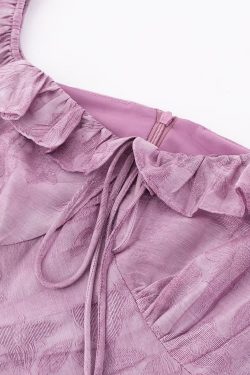 French Vintage Purple Jacquard Dress for Women - 2025 Summer Flying Sleeve Long Dress in 90s Inspired Style