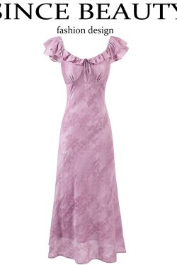 French Vintage Purple Jacquard Dress for Women - 2025 Summer Flying Sleeve Long Dress in 90s Inspired Style
