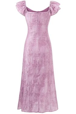 French Vintage Purple Jacquard Dress for Women - 2025 Summer Flying Sleeve Long Dress in 90s Inspired Style