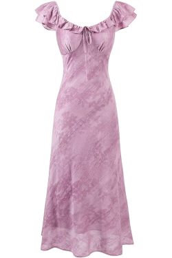 French Vintage Purple Jacquard Dress for Women - 2025 Summer Flying Sleeve Long Dress in 90s Inspired Style