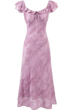 French Vintage Purple Jacquard Dress for Women - 2025 Summer Flying Sleeve Long Dress in 90s Inspired Style