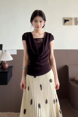 French Vintage Ruffled Collar T-Shirt for Women - Summer Lace Splicing, Waist-Cinching Slimming Short Sleeve Fitted Top