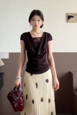 French Vintage Ruffled Collar T-Shirt for Women - Summer Lace Splicing, Waist-Cinching Slimming Short Sleeve Fitted Top