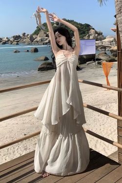 French Vintage Sexy Strapless Halter Dress with Flowing Long Skirt for Seaside Vacation - Boho Chic Summer Style