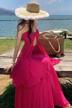 French Vintage Sexy Strapless Halter Dress with Flowing Long Skirt for Seaside Vacation - Boho Chic Summer Style