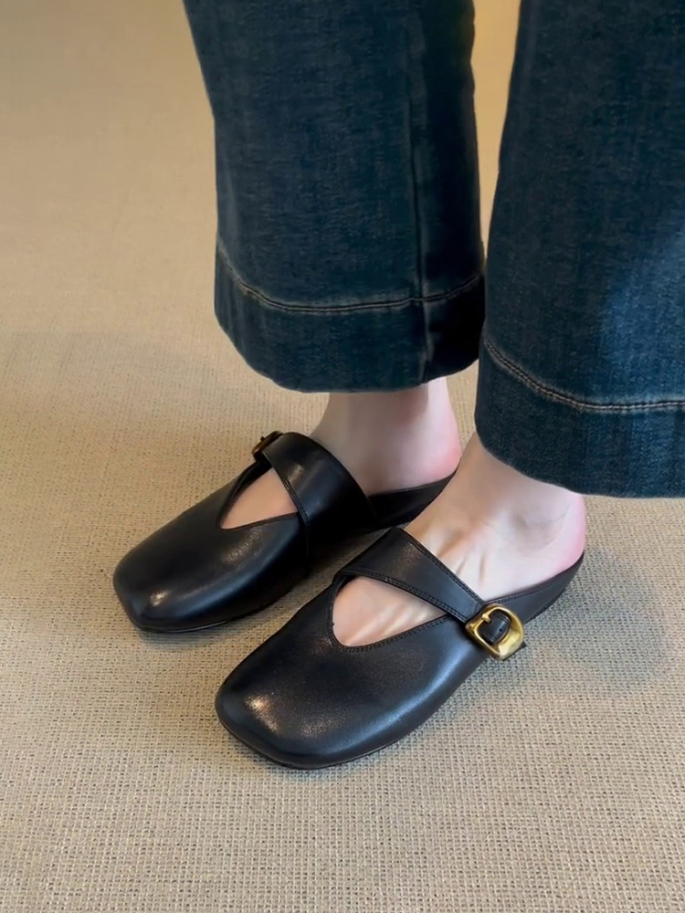 French Vintage Sheepskin Half Slippers for Women - Versatile Spring Flat Round-Toe Outdoor Slippers French Vintage Sheepskin Half Slippers for Women - Versatile Spring Flat Round-Toe Outdoor Slippers