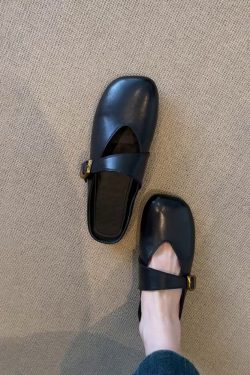 French Vintage Sheepskin Half Slippers for Women - Versatile Spring Flat Round-Toe Outdoor Slippers